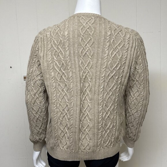 Tasso Elba Cable Knit Sweater Mens L Wheat 100% Cotton V Neck Heavy Pullover - Picture 3 of 9